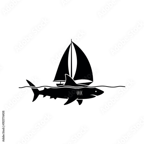 A shark lurking beneath the surface of the water, threatening a sailboat, danger at sea.