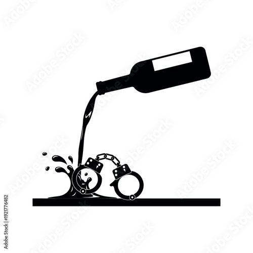 Alcohol addiction concept: handcuffs chained to a wine bottle with liquid pouring out, symbolizing entrapment and dependency, black and white vector art.