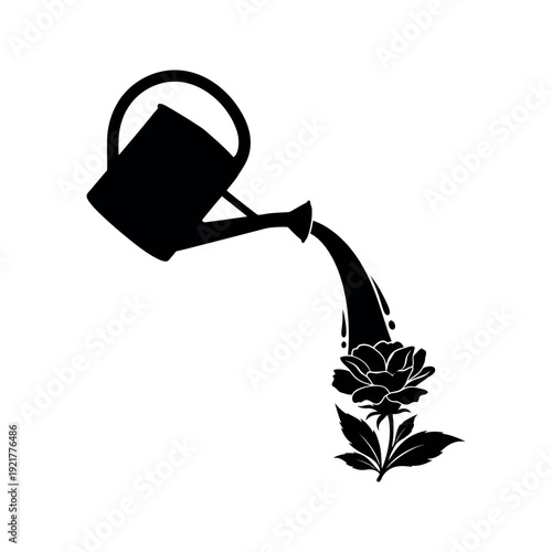 Watering can pouring water onto a rose, symbolizing growth, nurturing, and beauty, elegant botanical illustration in silhouette.