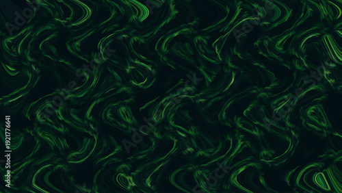 Abstract swirl background with green fluid wave textures on dark, dynamic motion depth effect, and vibrant artistic geometric layout