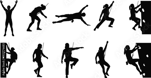 Rock climbing silhouettes set, male and female climbers in action poses, black vector figures isolated on white background for design