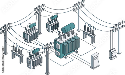 Isometric electrical substation vector with transformers, circuit breakers, isolators, busbars, control panels, and overhead power lines in infrastructure design