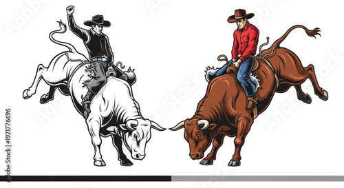 Rodeo bull riding vector illustration with cowboy athlete in stadium arena for western sports branding
