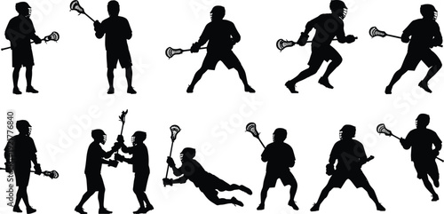 Lacrosse player silhouettes set showing running passing shooting and defensive action poses isolated on white background sports vector illustration