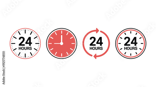 Four circular representing 24 hours service with clocks and arrows keywords: time twenty