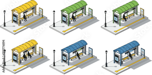 Bus stop shelter isometric set with passengers benches street lamp public transport station urban city infrastructure vector illustration modern design collection