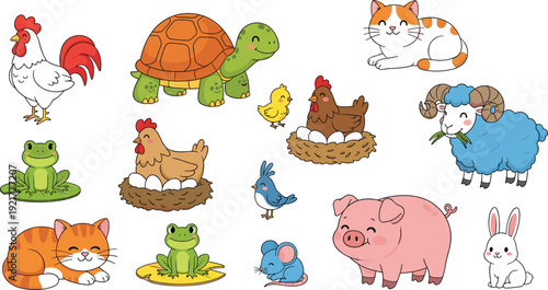 Cute Farm and Domestic Animals Set with Chicken, Turtle, Cat, Pig, Sheep, Rabbit, Frog, Mouse, and Bird Cartoon Vector Collection