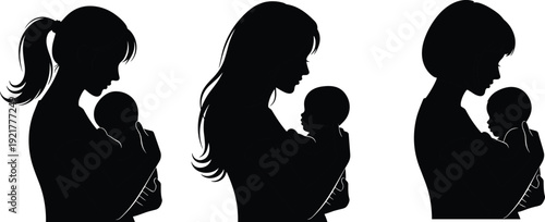 Mother holding baby silhouette set showing maternal love care bonding and motherhood concept for family parenting healthcare vector illustration