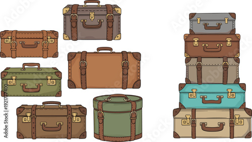 Vintage Travel Suitcases Collection with Retro Leather Luggage Trunks and Classic Baggage Cartoon Vector Illustration Set