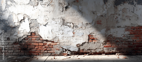 Weathered wall showing crumbling white plaster from red brick