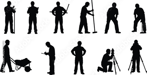Construction worker silhouettes set with different working poses isolated on white background labor industry people vector illustration collection