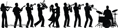 Black silhouette of a jazz band with musicians playing violin, guitar, trumpets, saxophone, trombone, and drums featuring a romantic dancing couple on white background.