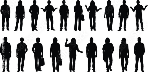 People standing silhouettes different gestures men and women communication poses isolated on white background black vector illustration collection