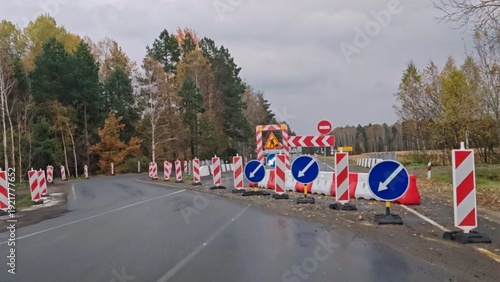 Bilde på lerret Closed Rural Road Red Barriers Autumn