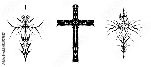 set of cyber sigilsm cross, sword, Neo tribal symmetrical sharp style. vector format for mystical symbol, vector design for tattoo flash, streetwear t-shirt print apparel