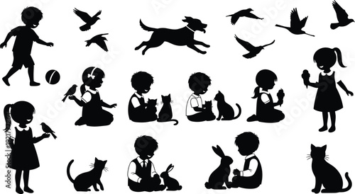 Vector Illustration Set of Children Silhouettes Playing with Pets Like Cats Dogs Birds and Rabbits for Kids Education Family and Animal Designs