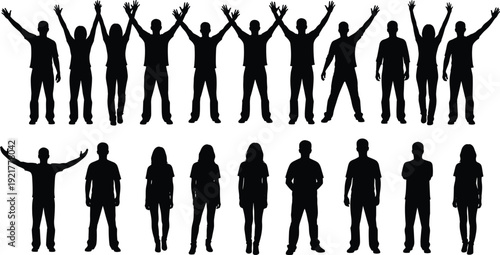 Set of diverse standing people silhouettes with raised hands and neutral poses isolated on white background, teamwork unity concept vector illustration