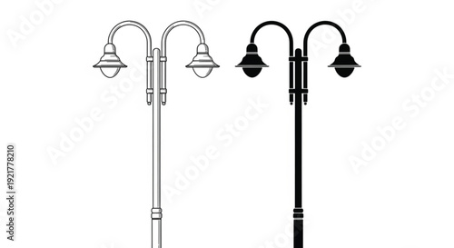 Victorian gas street lamp vector illustration in classic ironwork style with line art and silhouette