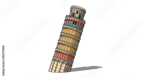 Leaning Tower of Pisa in vibrant colors against white background