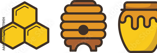 Honey icons set with honeycomb beehive jar flat vector illustration for beekeeping natural sweet food branding design concept logo ui