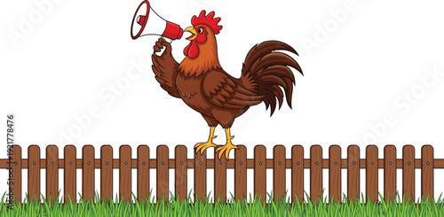 Rooster with Megaphone Standing on Wooden Fence Announcing Farm News Loudspeaker Cartoon Vector Illustration