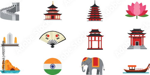 Asian culture vector elements illustration set monuments and symbols
