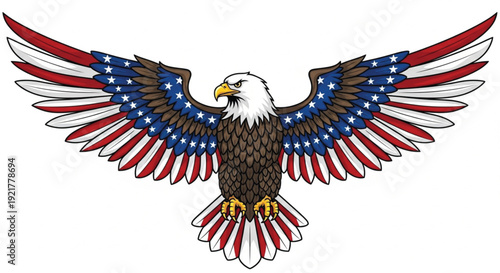 Vintage American bald eagle vector illustration with patriotic flag wings and rustic badge style isolated