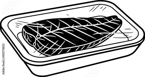 Piece of fish or steak in plastic tray, sealed with plastic wrap. Fresh raw meat or seafood packaging. Minimalist black white vector illustration