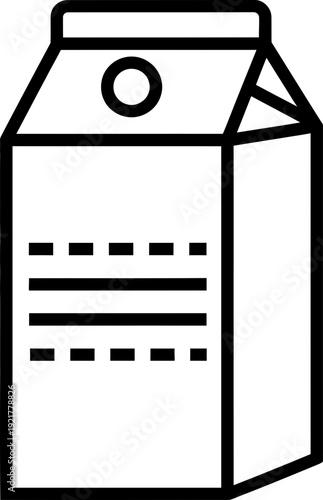 Milk carton icon showing classic beverage packaging with label detail. Simple line art symbol for diary product, grocery, food vector illustration