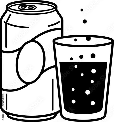 Soda can and glass with carbonated beverage, a refreshing drink concept. Outline vector illustration for menu, icon, sticker design