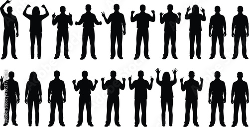 Set of standing business people silhouettes with raised hands gestures isolated on white background, diverse male female characters vector illustration collection