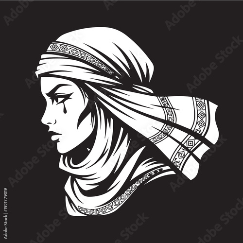 portrait of a woman, vector illustration of a woman, Black and white vector icon of a female armored warrior face portrait, bold thick outlines