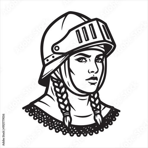 Black and white vector icon of a female armored warrior face portrait, bold thick outlines, vector illustration of a woman