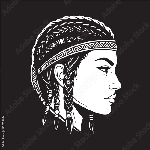 portrait of a woman with hat, Black and white vector icon of a female armored warrior face portrait, bold thick outlines