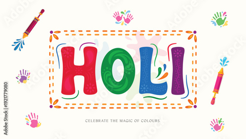Happy Holi Colorful Handcrafted Typography Banner With Festive Elements