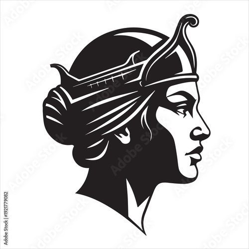 black and white vector icon of a Phoenician female naval warrior face portrait, strong silhouette.