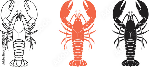 Vector illustration set featuring three stylized lobsters in black outline, solid orange-red fill, and solid black design variations for seafood themes.