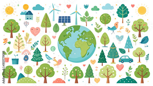 Cute Earth Character with Eco Friendly Elements Flat Environmental Vector Set