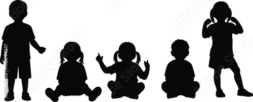 Toddler children silhouettes sitting and standing cute poses boys and girls isolated on white background black vector illustration