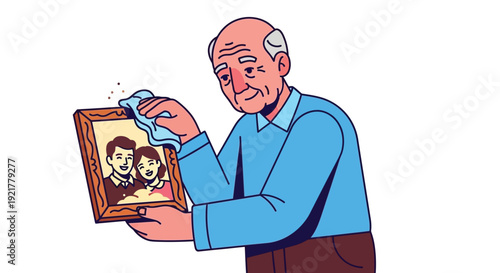 elderly man tenderly cleaning a framed family photograph with a soft cloth