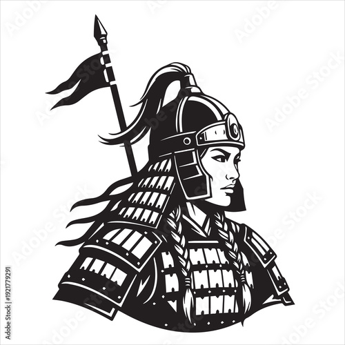 Ancient Warrior Portraits – A Collection of Black and White Vector Art Icons. Ancient warriors and historical heroines from various civilizations are illustrated in a black and white vector line art