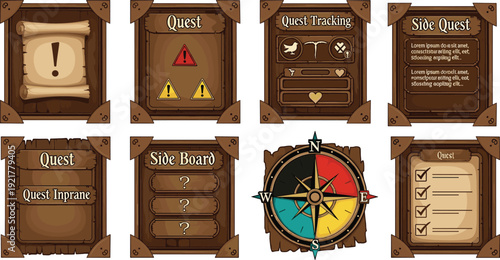 Fantasy adventure game vector illustration set featuring stylized wooden-framed quest UI elements, parchment textures, compass navigation, and decorative icons for role-playing.
