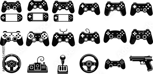 Video Game Controller Silhouettes Collection, Gaming Console Gamepad Joystick Steering Wheel Icons Isolated on White Background Illustration Set