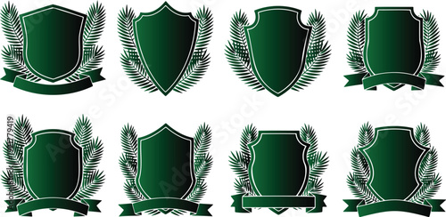 Green shields and banners with leafy wreaths for labels or logos  various shapes and designs for branding and icons