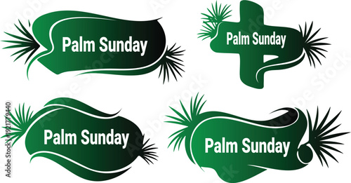 Palm Sunday celebration green labels with palm leaves and crosses  Christian holiday symbols and decorations