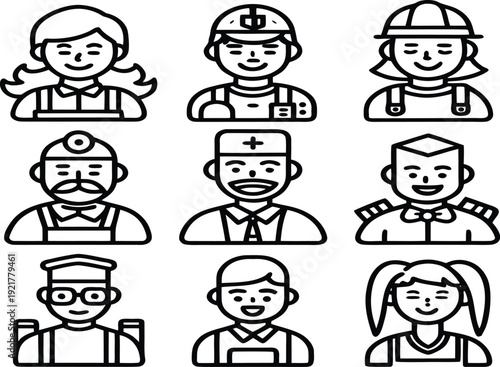 Professional Avatars and Diverse Occupations Mono-line Icon Set