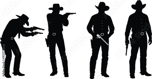 Wild west cowboy gunfighter silhouettes set black and white vector illustration western outlaw revolver poses vintage frontier characters isolated design