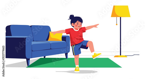 Boy happily playing indoors on a green rug with a blue couch