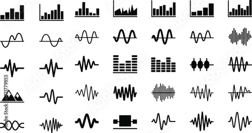 Sound Wave and Audio Equalizer Vector Icon Set with Music Frequency Signal Digital Volume Bar and Voice Recording UI Elements