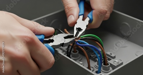 Hands of an electrician stripping wires in an electrical box, demonstrating professional electrical installation and safety for home and industry.